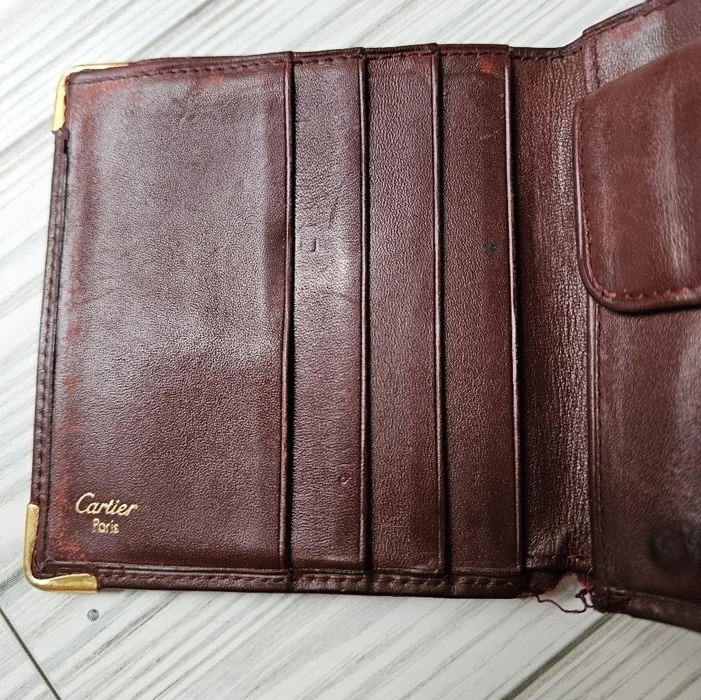 Cartier Vintage Must De Bi Fold Wallet with Coin Pouch in Burgundy Leather